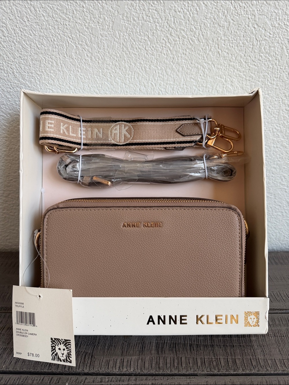 Anne Klein Double Zip Camera Crossbody with Logo Strap and Leather Strap NWT
